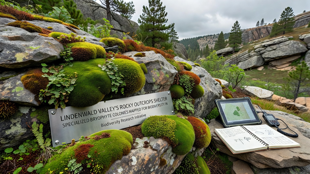 Close-up photograph of bryophyte colonies growing on lichen-covered rock surfaces in Lindenwald Valley